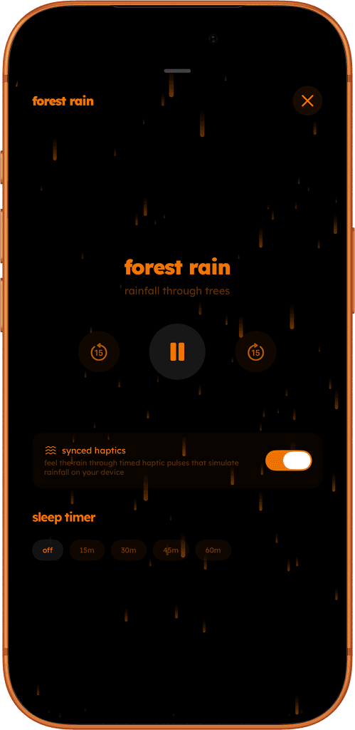 Lullogram forest rain soundscape playing on iPhone with synced haptic pulses and a built-in sleep timer.