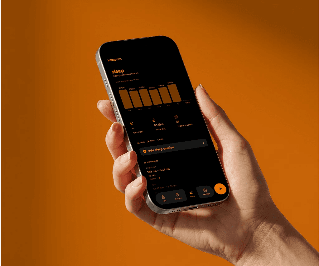 Hand holding phone with the lullogram sleep data
